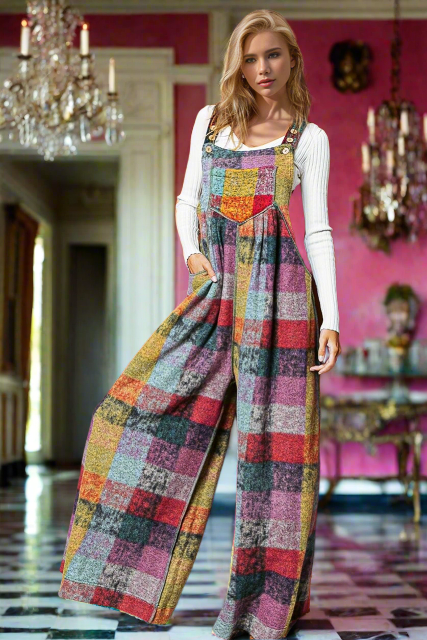 Preorder Double Take S-3X Plaid Sleeveless Fleece Wide Leg Jumpsuit Multicolored Trendsi