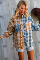 And The Why Turquoise/Yellow Plaid Smocked Sleeve Frill Detail Top