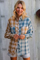 And The Why Turquoise/Yellow Plaid Smocked Sleeve Frill Detail Top