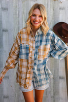 And The Why Turquoise/Yellow Plaid Smocked Sleeve Frill Detail Top
