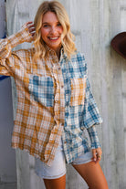 And The Why Turquoise/Yellow Plaid Smocked Sleeve Frill Detail Top