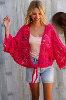 And The Why Fuchsia Crochet Front Tie Bell Sleeve Cardigan