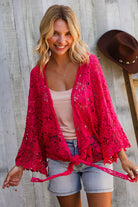 And The Why Fuchsia Crochet Front Tie Bell Sleeve Cardigan