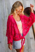 And The Why Fuchsia Crochet Front Tie Bell Sleeve Cardigan