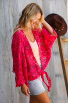 And The Why Fuchsia Crochet Front Tie Bell Sleeve Cardigan