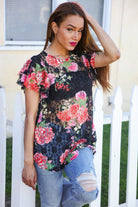 Haptics Black Multicolor Floral Crochet Flutter Sleeve Top