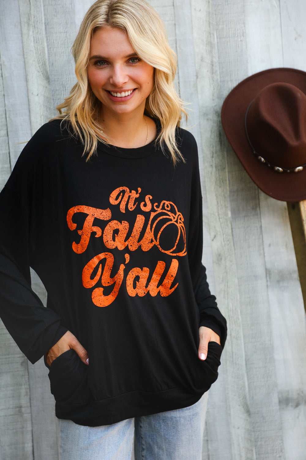 BiBi It's Fall Y'all Pocketed Black Pullover