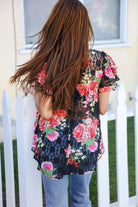 Haptics Black Multicolor Floral Crochet Flutter Sleeve Top