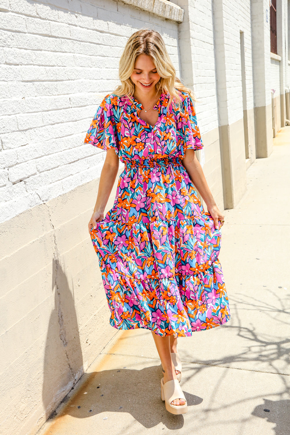 Haptics Fuchsia Floral Print Frill Notch Neck Bubble Sleeve Dress