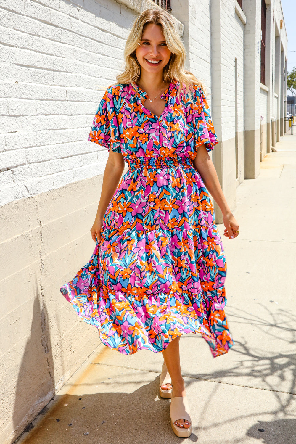 Haptics Fuchsia Floral Print Frill Notch Neck Bubble Sleeve Dress
