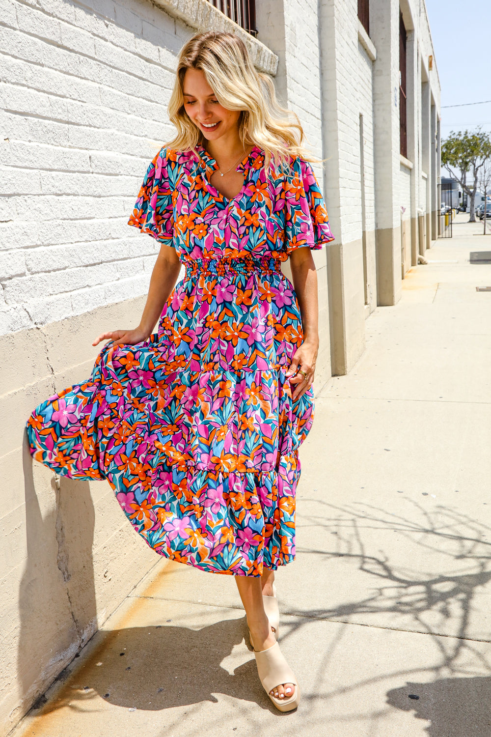 Haptics Fuchsia Floral Print Frill Notch Neck Bubble Sleeve Dress