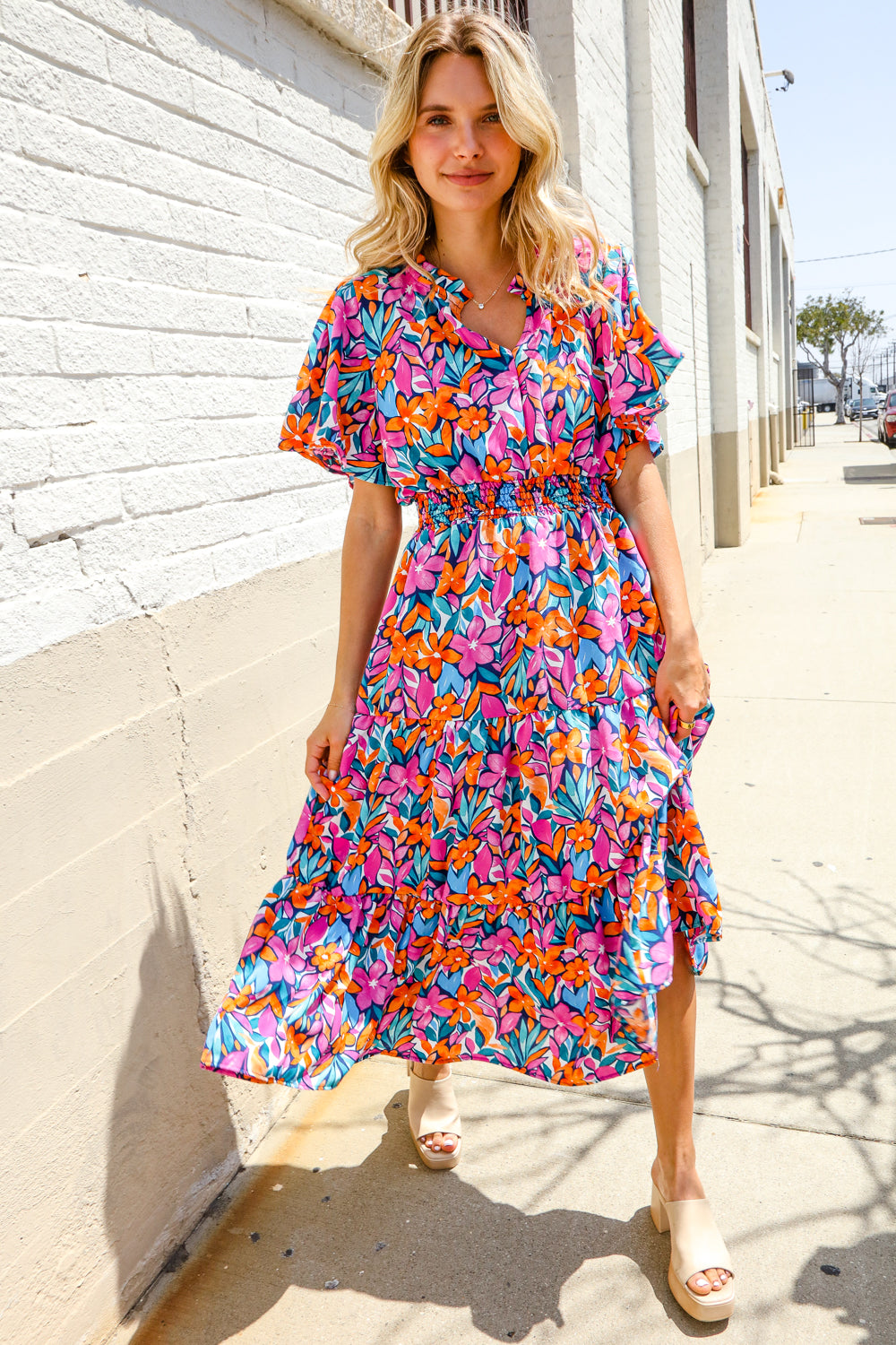 Haptics Fuchsia Floral Print Frill Notch Neck Bubble Sleeve Dress