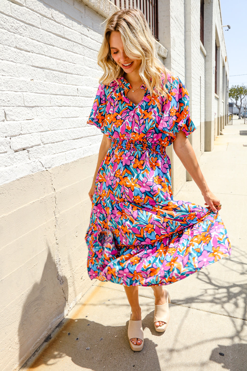 Haptics Fuchsia Floral Print Frill Notch Neck Bubble Sleeve Dress