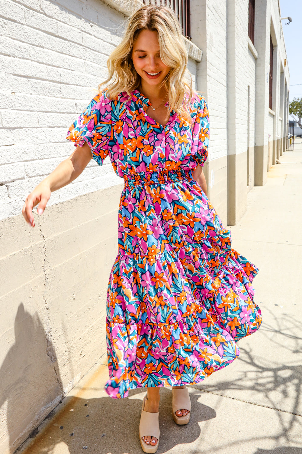 Haptics Fuchsia Floral Print Frill Notch Neck Bubble Sleeve Dress