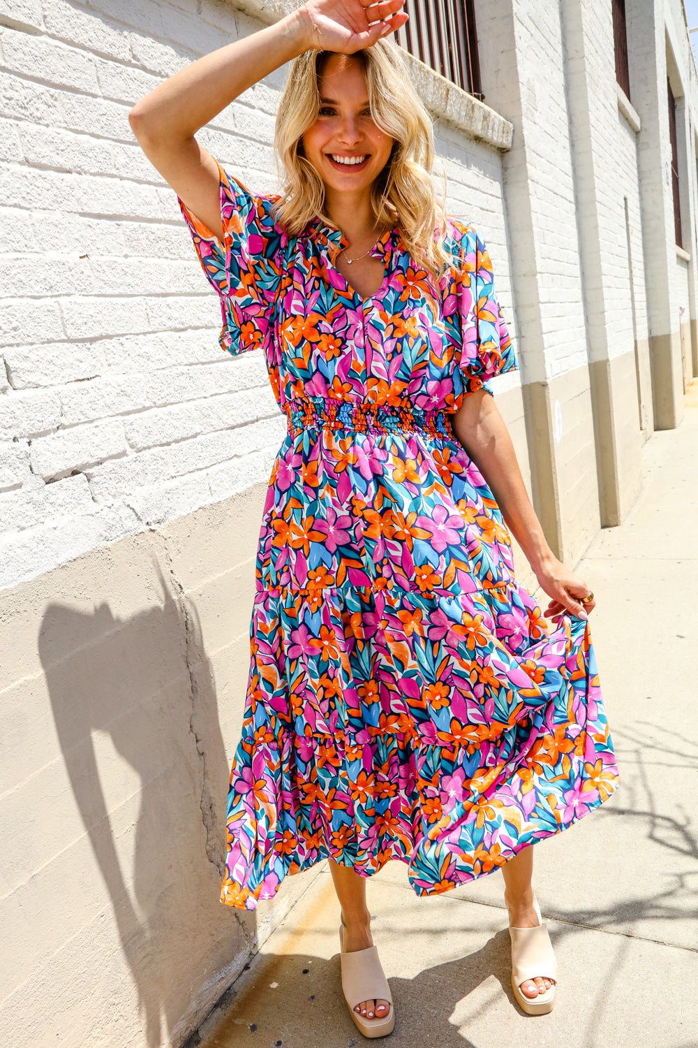 Haptics Fuchsia Floral Print Frill Notch Neck Bubble Sleeve Dress
