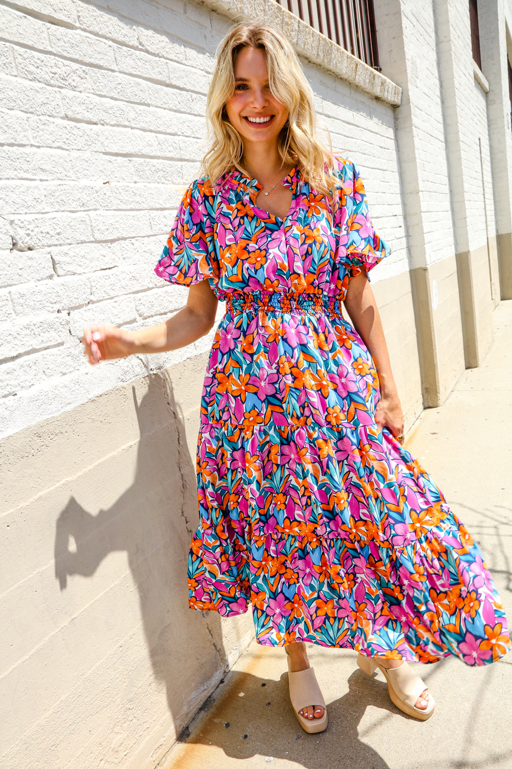Haptics Fuchsia Floral Print Frill Notch Neck Bubble Sleeve Dress