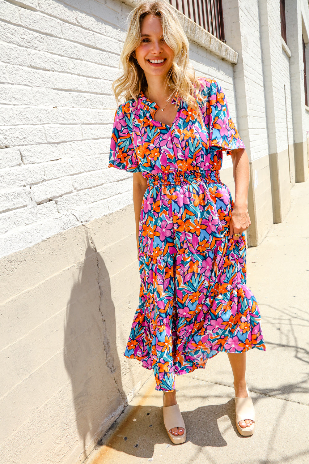 Haptics Fuchsia Floral Print Frill Notch Neck Bubble Sleeve Dress