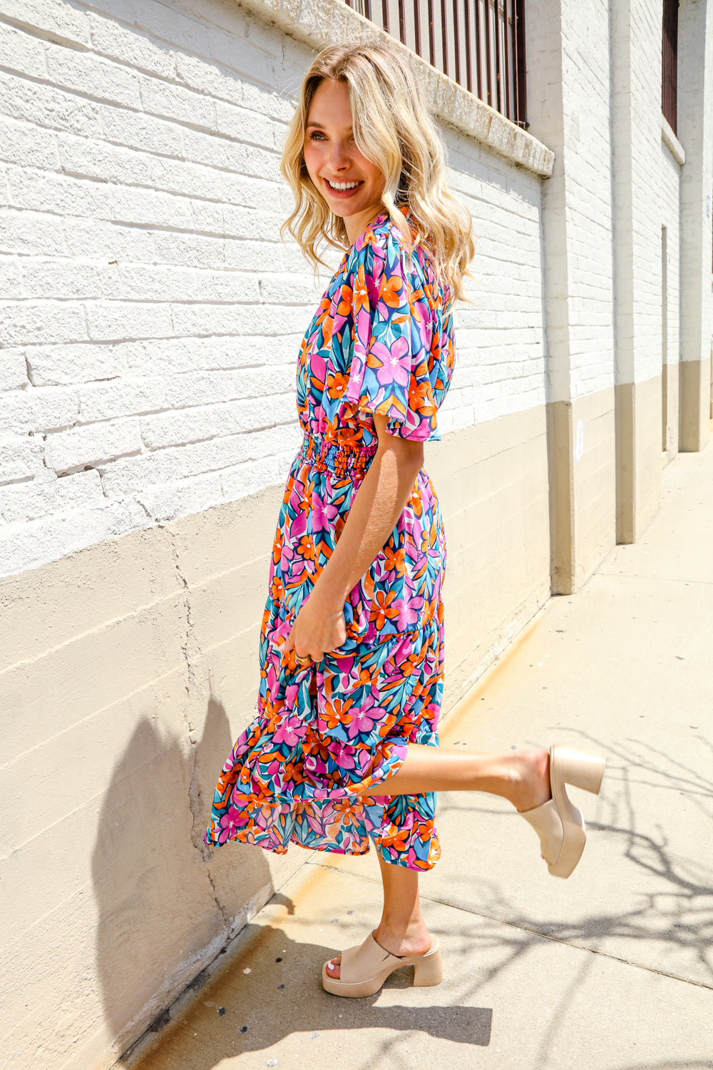 Haptics Fuchsia Floral Print Frill Notch Neck Bubble Sleeve Dress