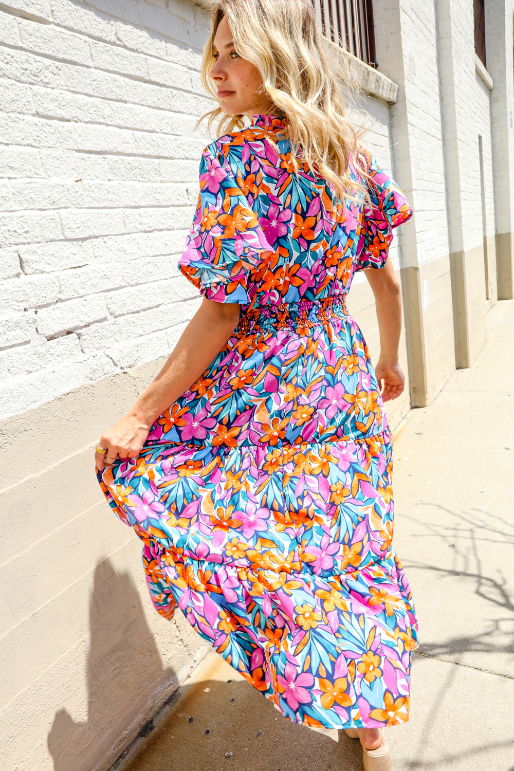 Haptics Fuchsia Floral Print Frill Notch Neck Bubble Sleeve Dress