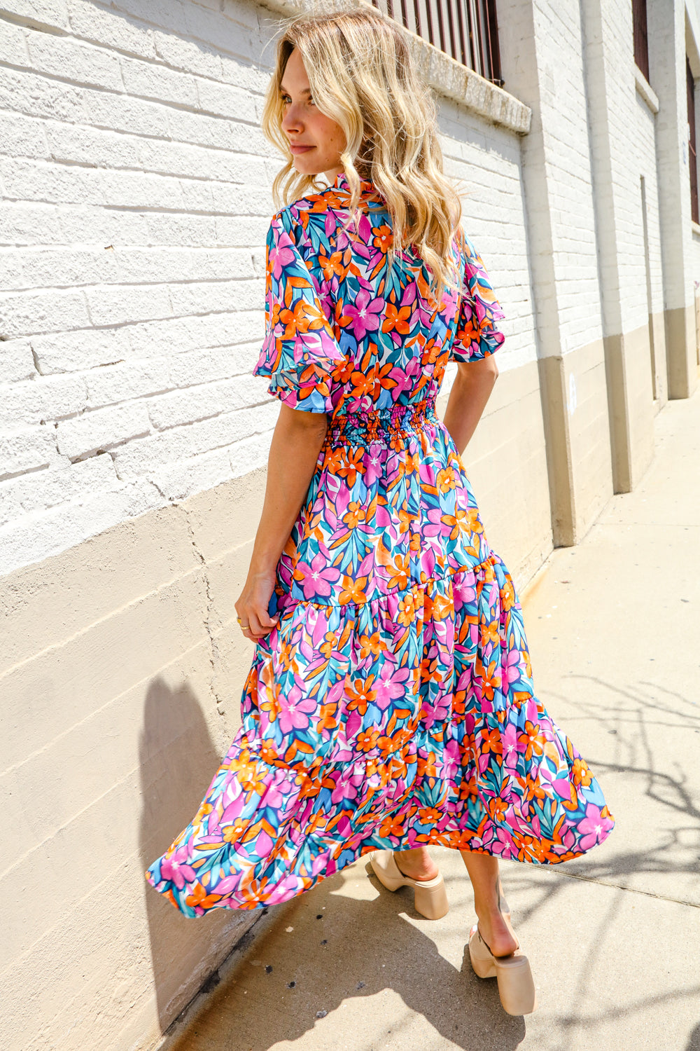 Haptics Fuchsia Floral Print Frill Notch Neck Bubble Sleeve Dress
