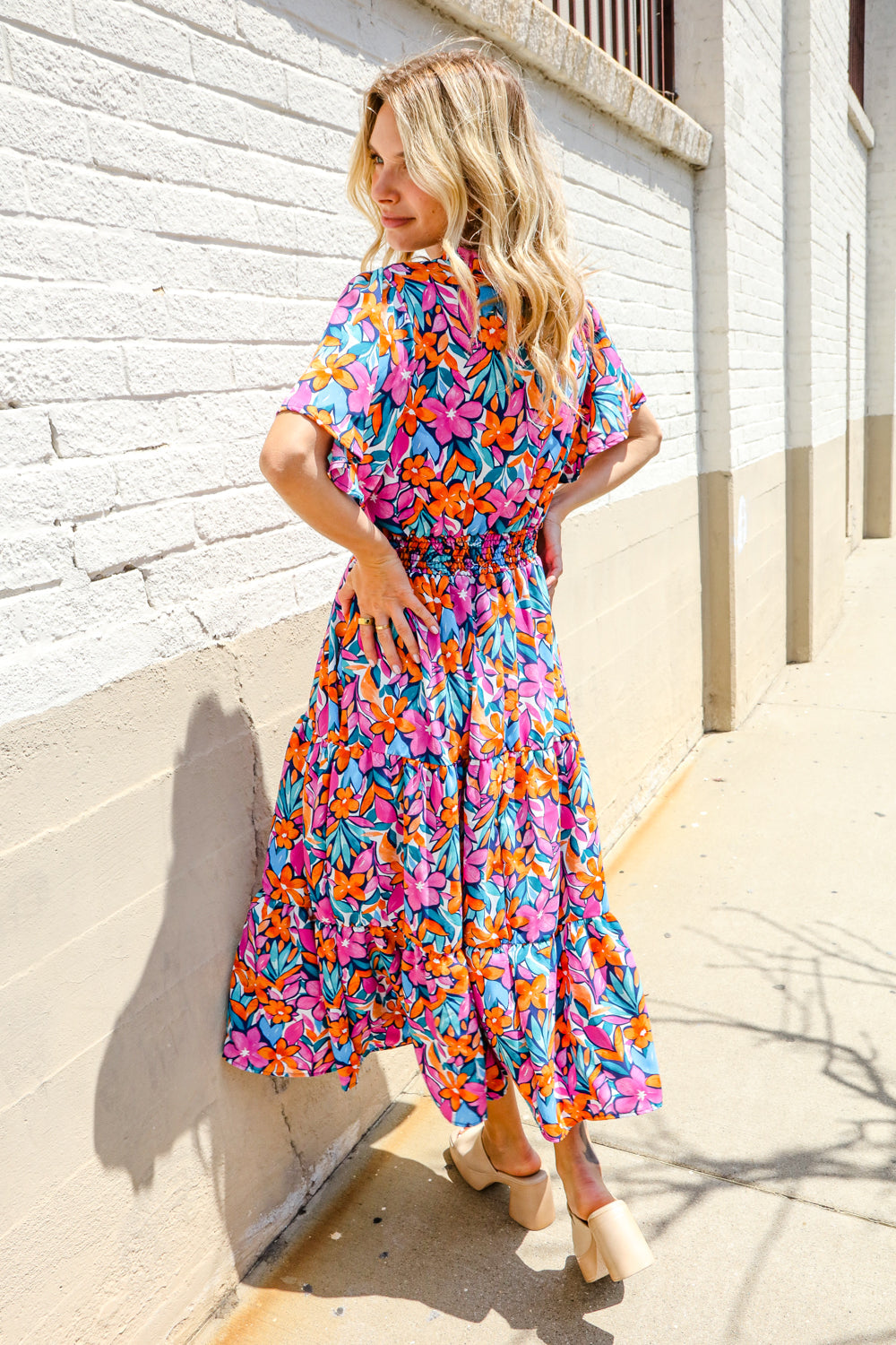 Haptics Fuchsia Floral Print Frill Notch Neck Bubble Sleeve Dress
