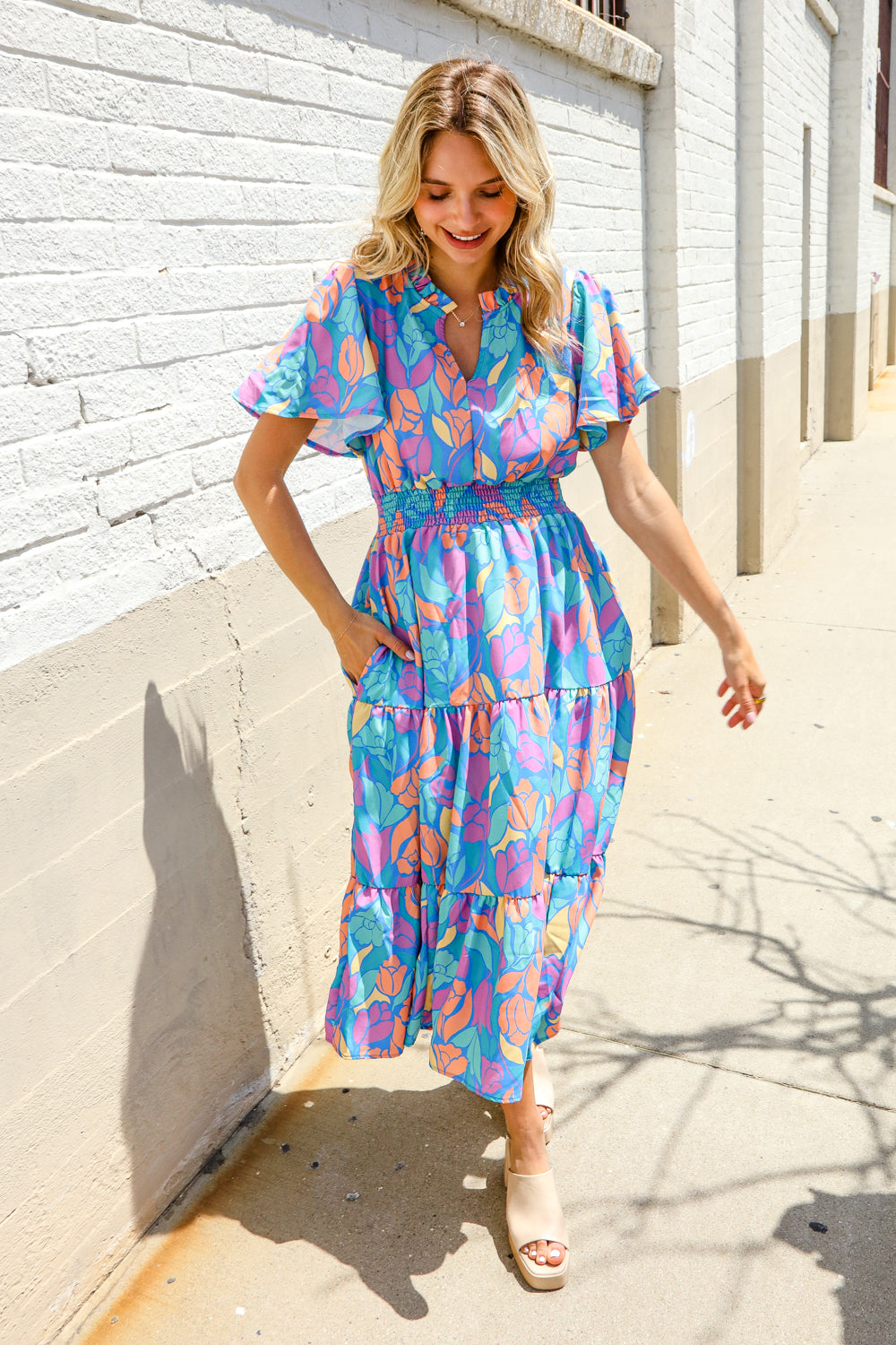 Haptics Tropical Floral Frill Notch Neck Bubble Sleeve Dress
