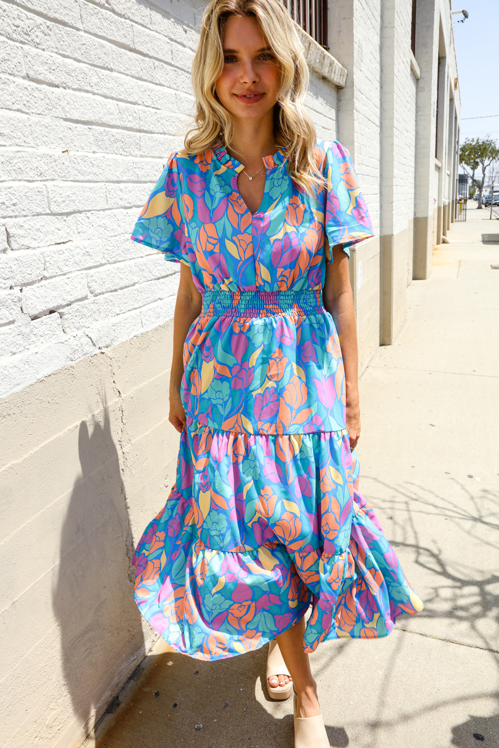 Haptics Tropical Floral Frill Notch Neck Bubble Sleeve Dress