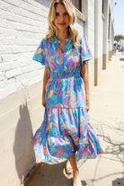 Haptics Tropical Floral Frill Notch Neck Bubble Sleeve Dress
