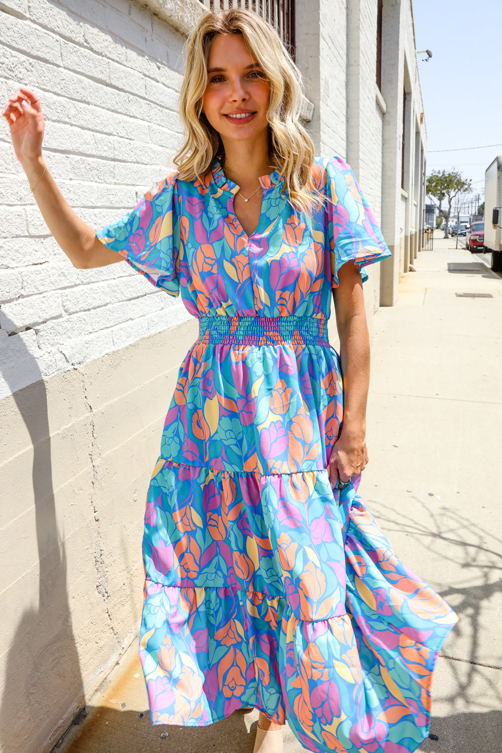 Haptics Tropical Floral Frill Notch Neck Bubble Sleeve Dress