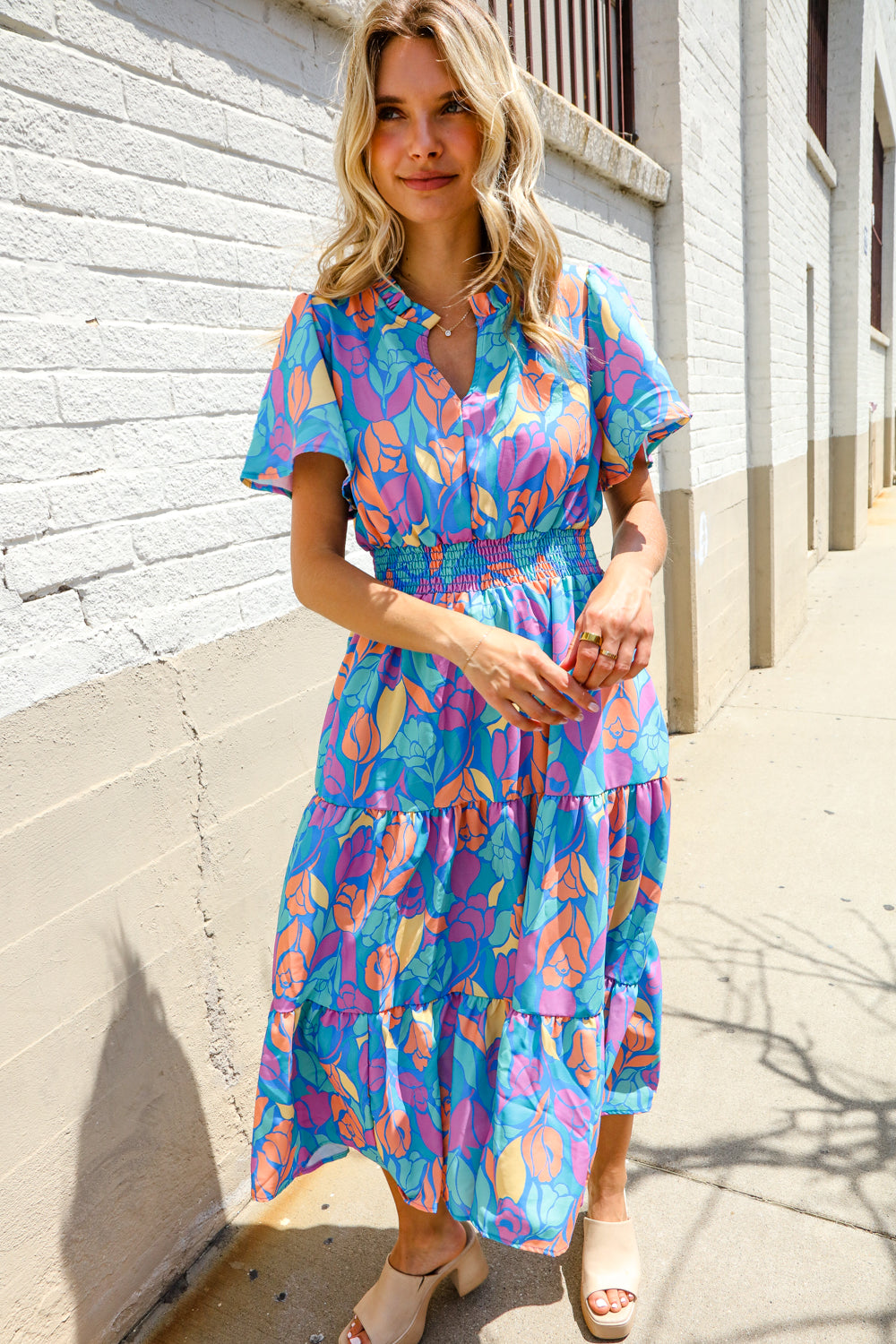 Haptics Tropical Floral Frill Notch Neck Bubble Sleeve Dress