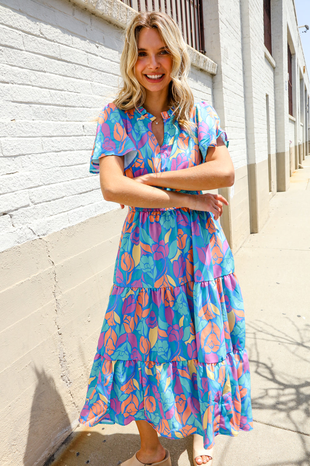 Haptics Tropical Floral Frill Notch Neck Bubble Sleeve Dress