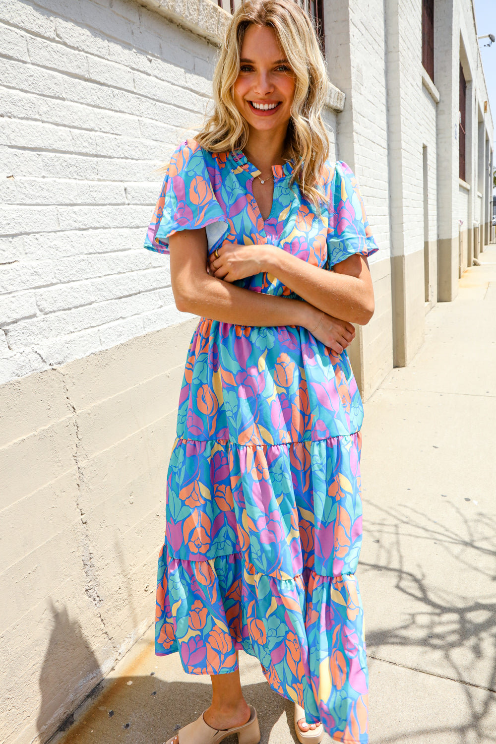 Haptics Tropical Floral Frill Notch Neck Bubble Sleeve Dress