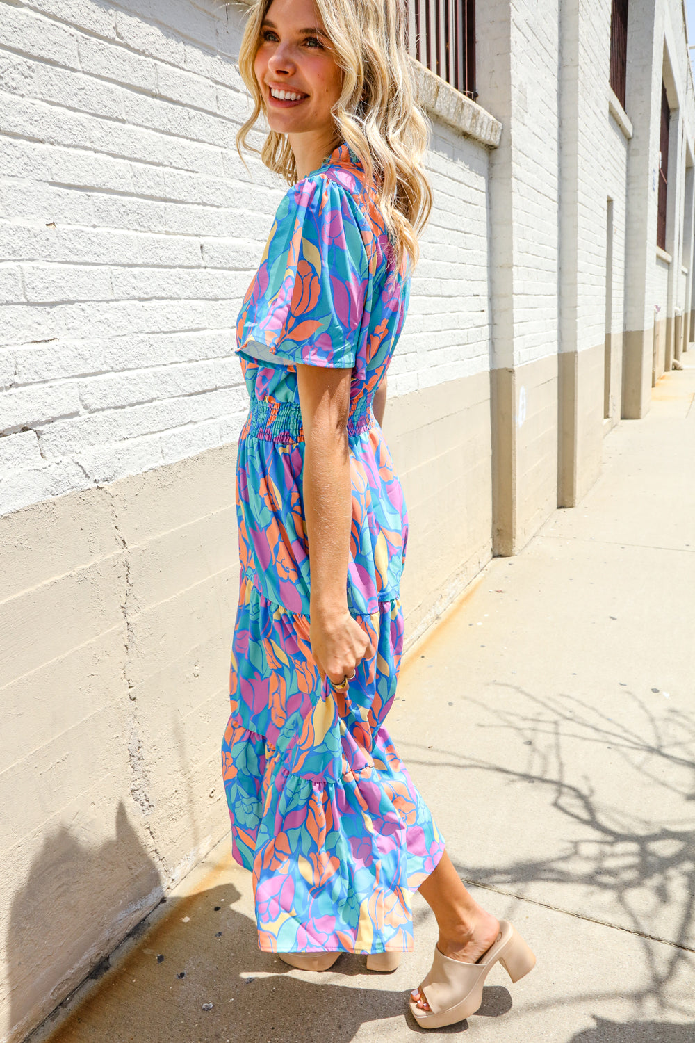 Haptics Tropical Floral Frill Notch Neck Bubble Sleeve Dress