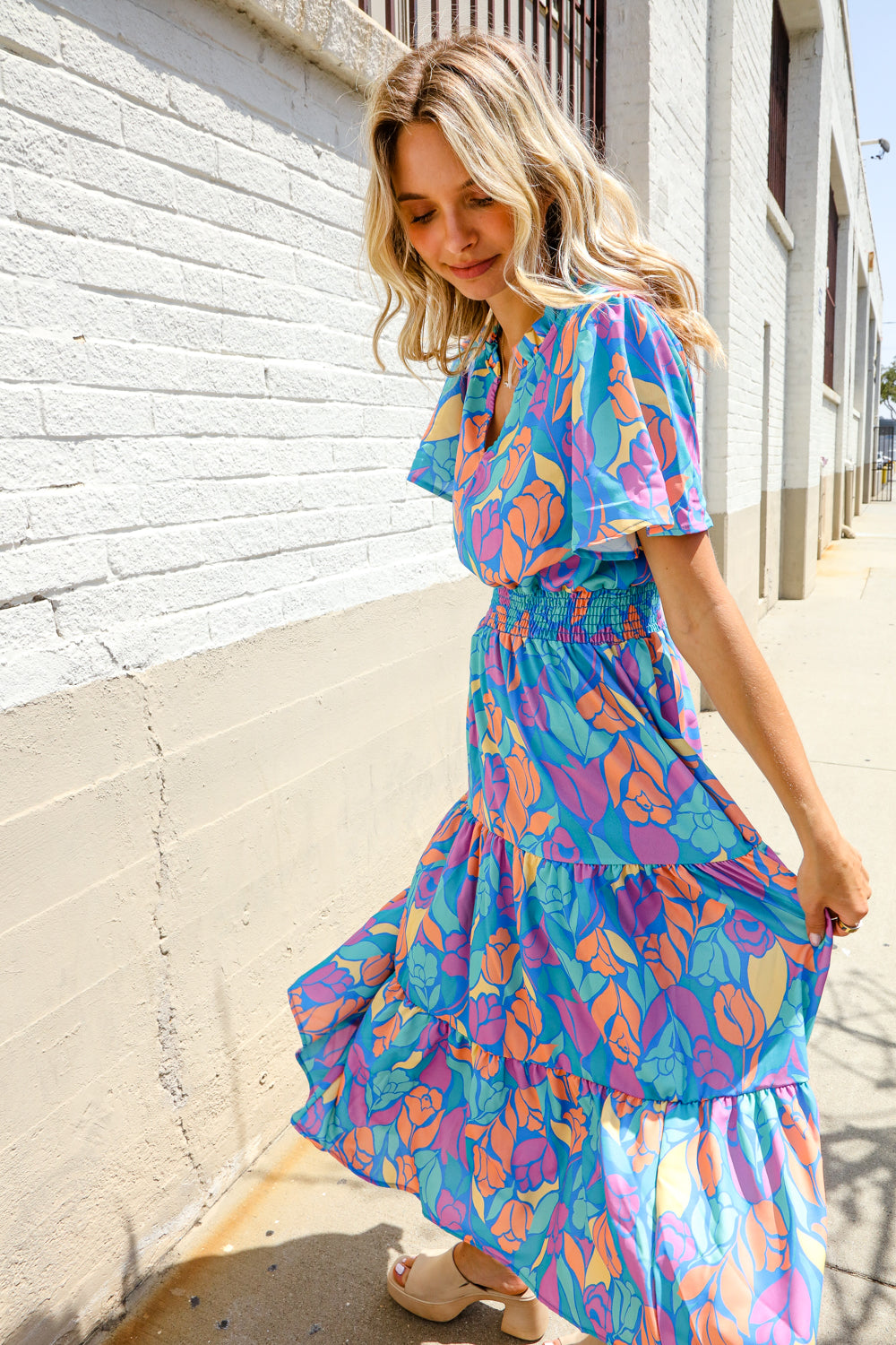 Haptics Tropical Floral Frill Notch Neck Bubble Sleeve Dress