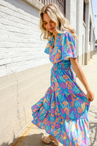 Haptics Tropical Floral Frill Notch Neck Bubble Sleeve Dress