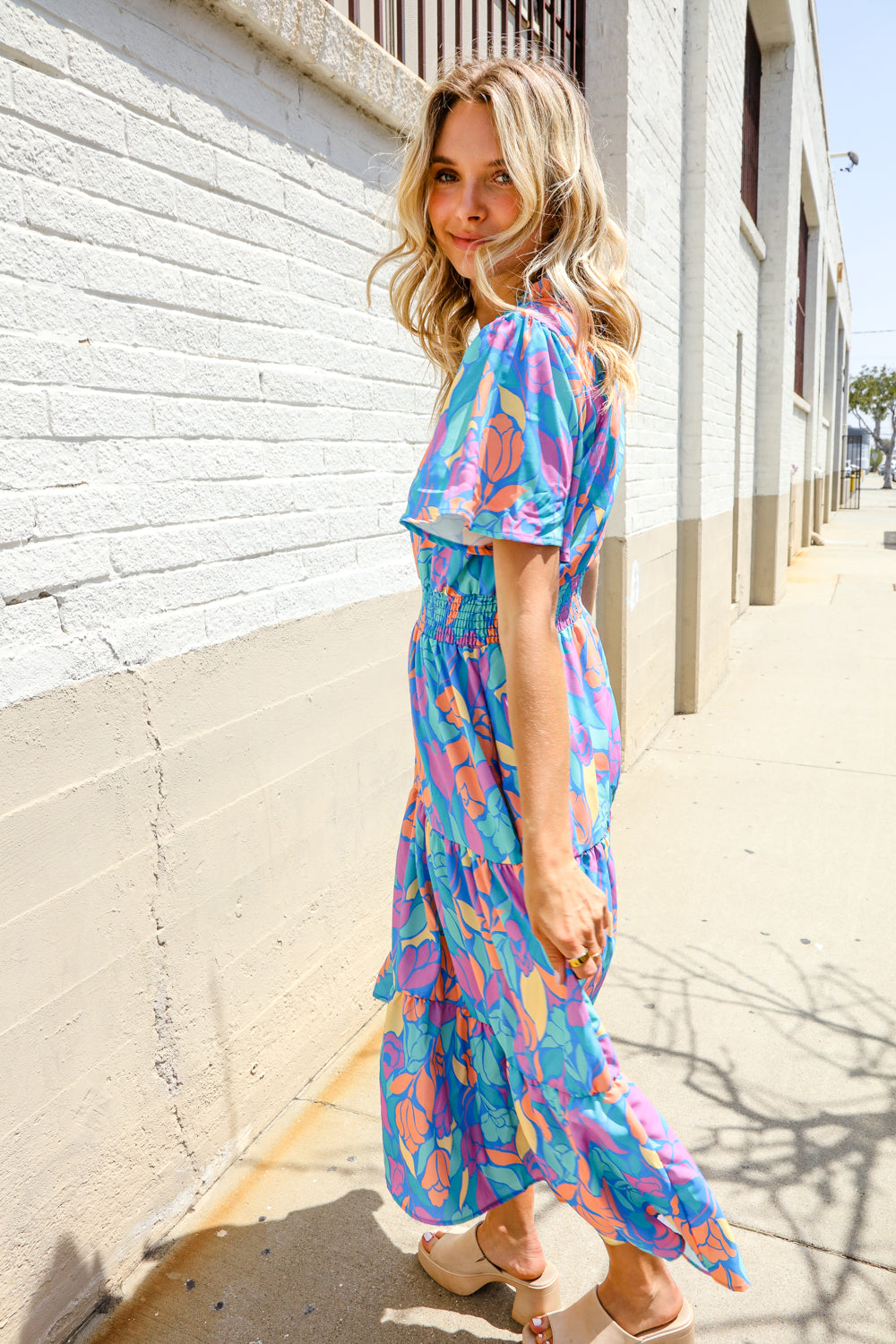 Haptics Tropical Floral Frill Notch Neck Bubble Sleeve Dress