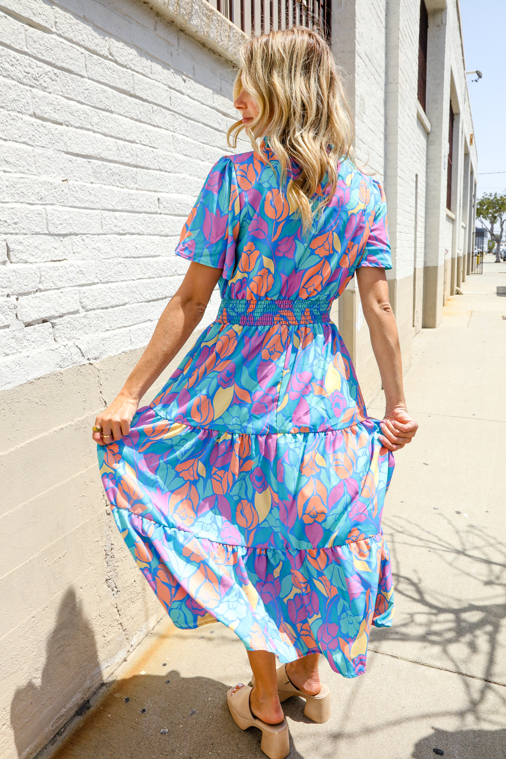 Haptics Tropical Floral Frill Notch Neck Bubble Sleeve Dress