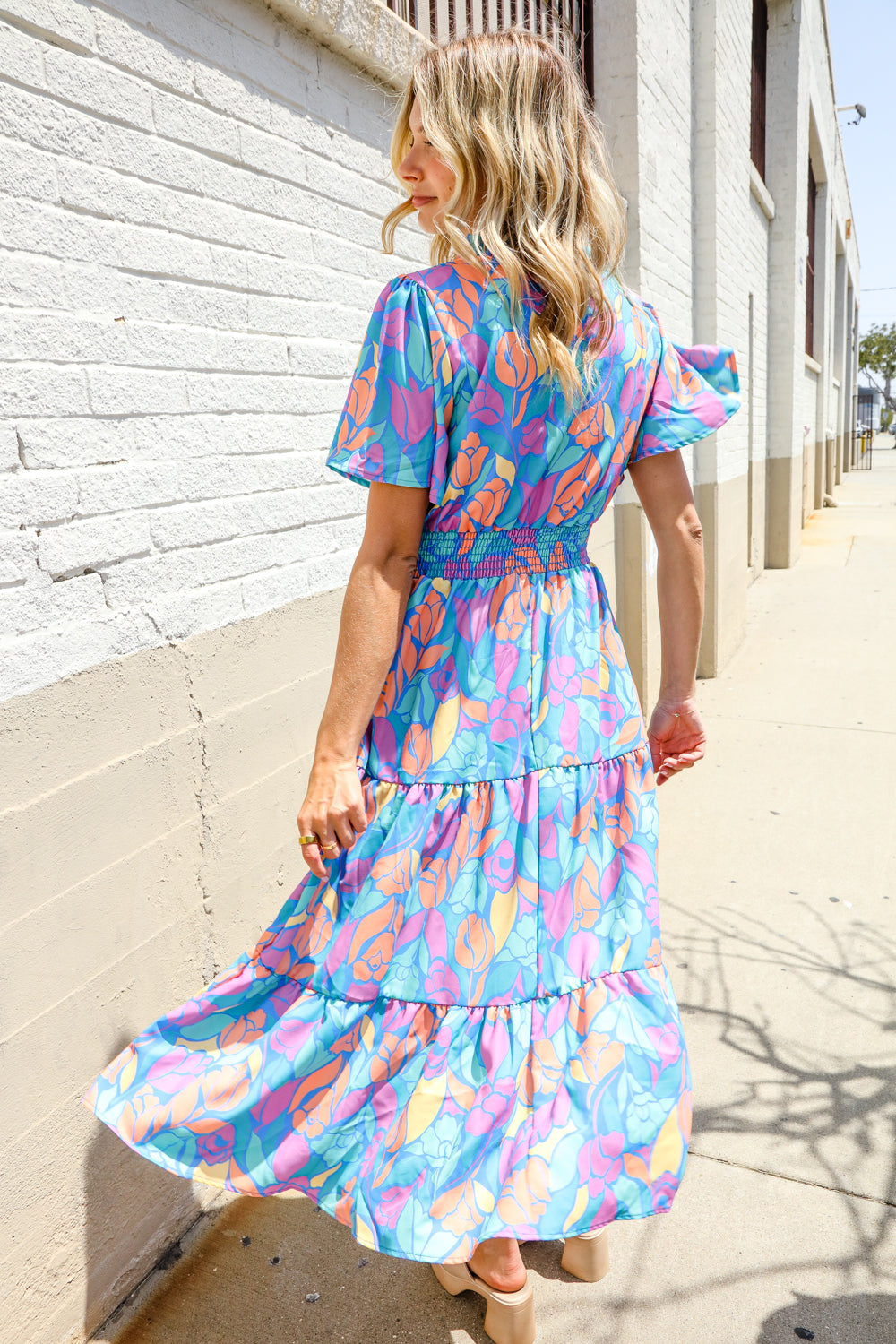 Haptics Tropical Floral Frill Notch Neck Bubble Sleeve Dress