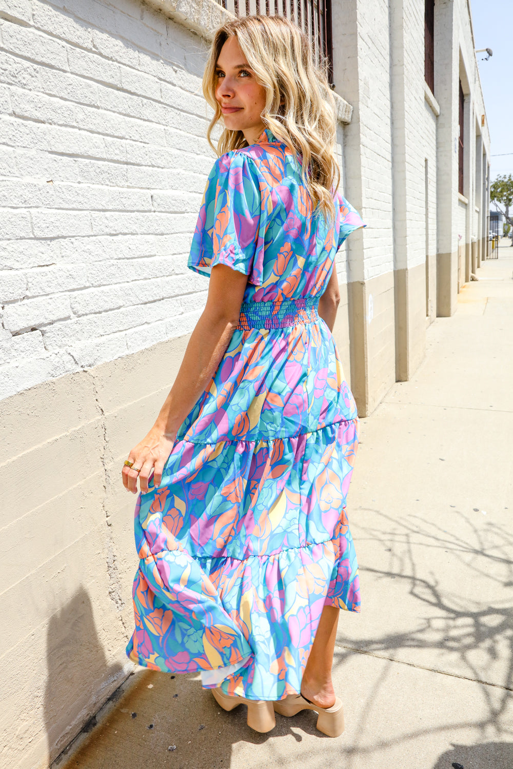 Haptics Tropical Floral Frill Notch Neck Bubble Sleeve Dress