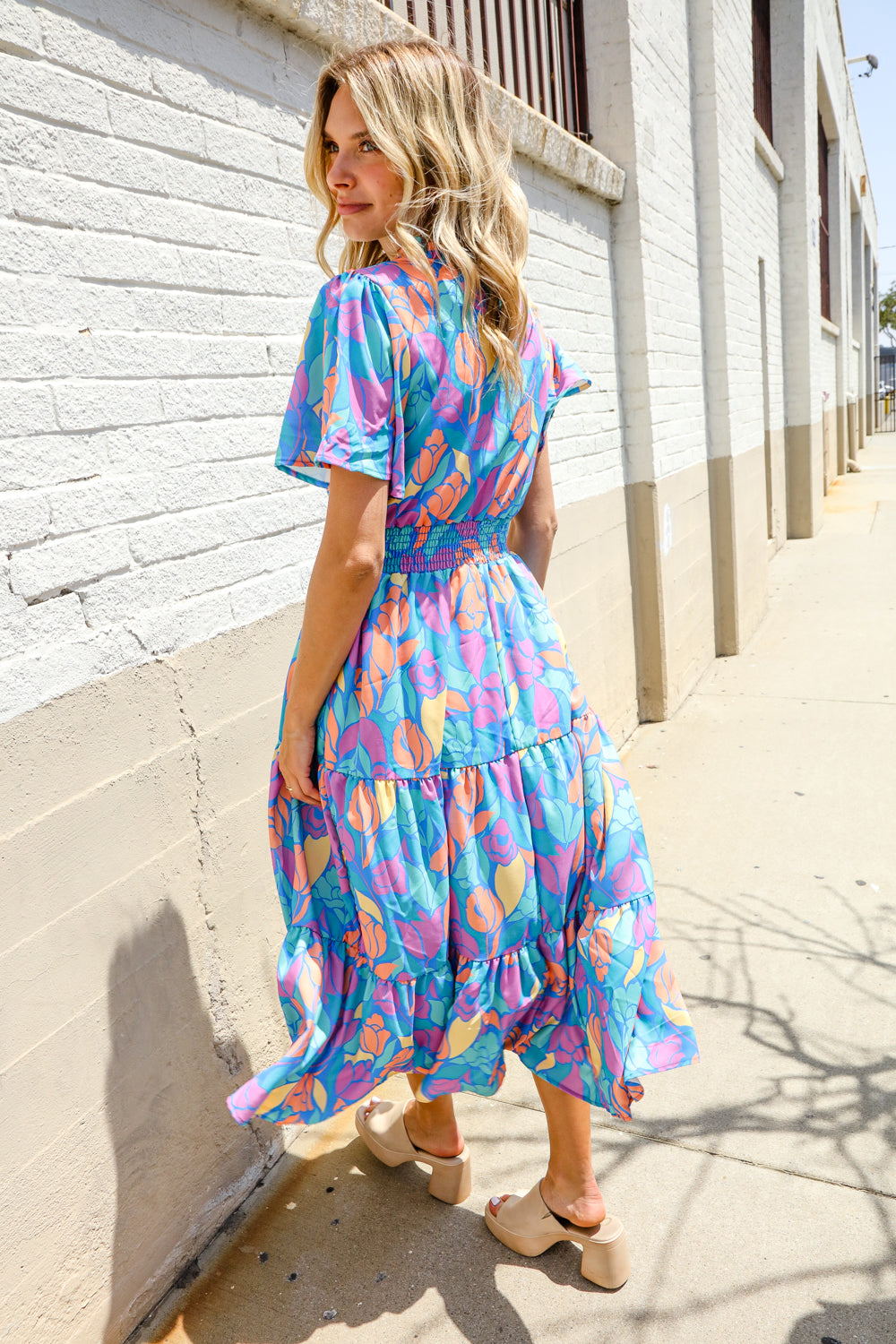 Haptics Tropical Floral Frill Notch Neck Bubble Sleeve Dress