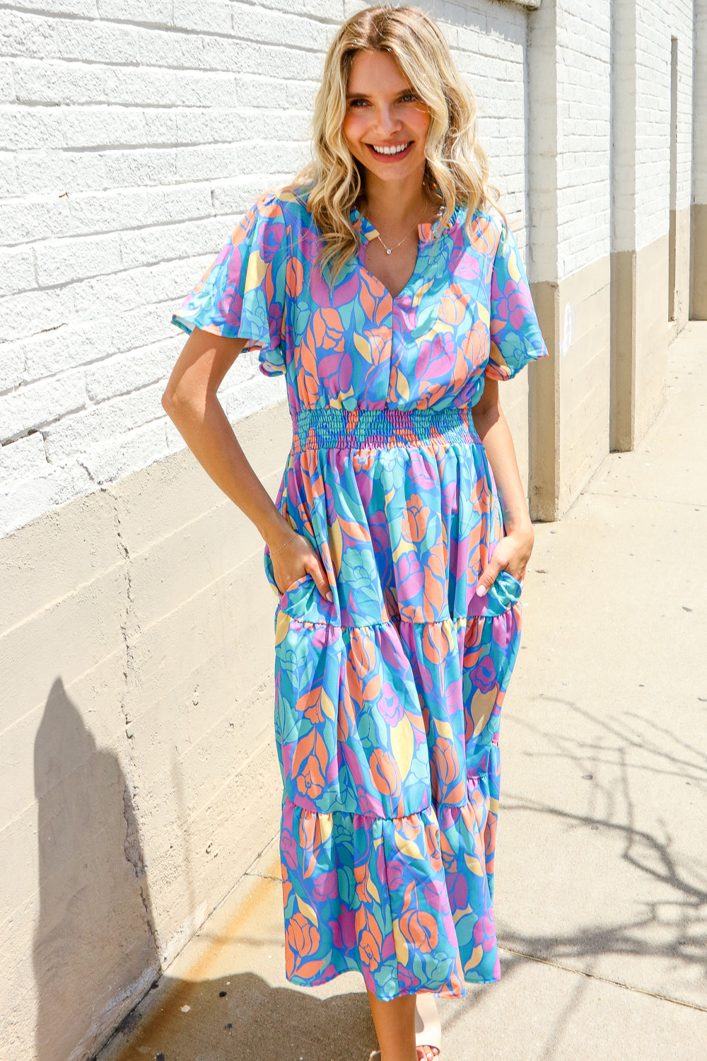 Haptics Tropical Floral Frill Notch Neck Bubble Sleeve Dress