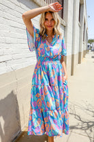 Haptics Tropical Floral Frill Notch Neck Bubble Sleeve Dress