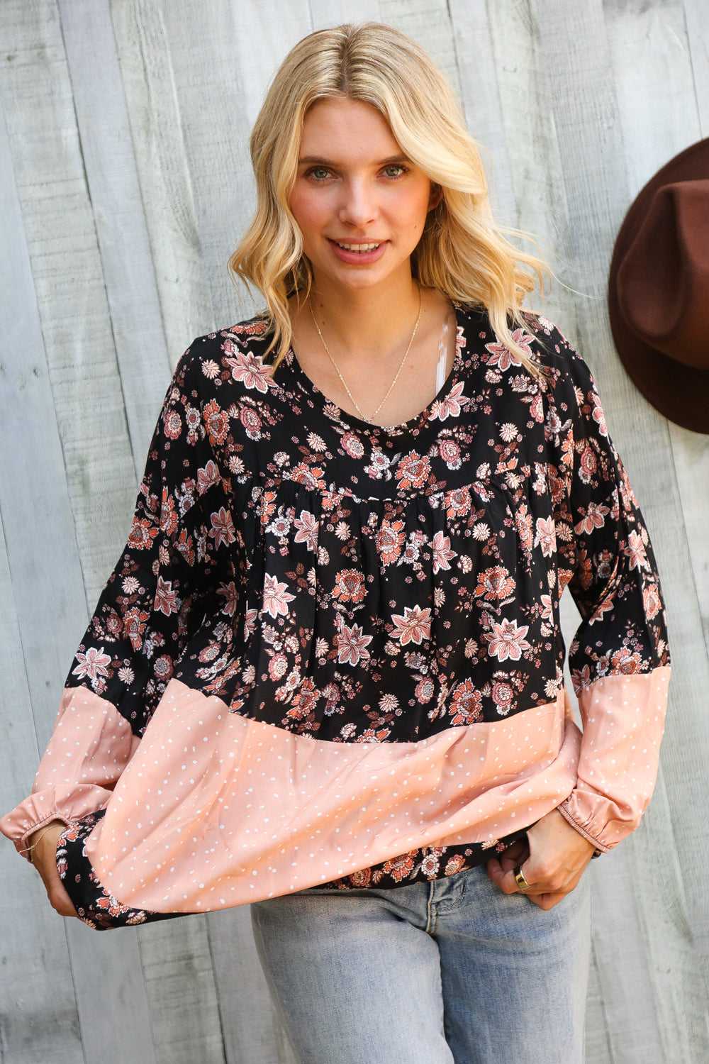 Haptics Tiered Floral Blossoms Bubble Long Sleeve Blouse