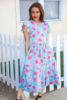 Haptics Sky Blue Big Floral Folded Ruffle Sleeves Midi Dress Dresses