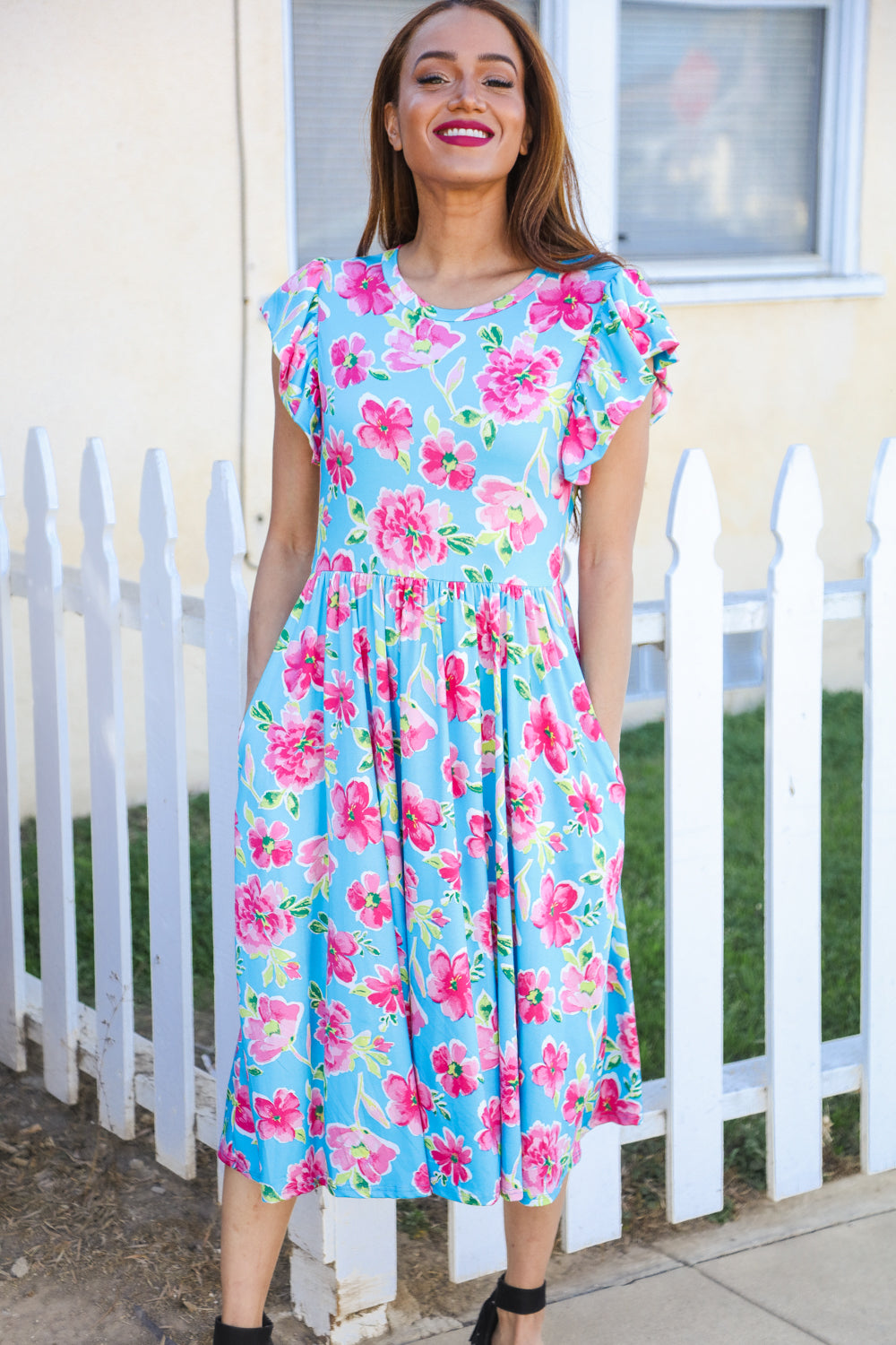 Haptics Sky Blue Big Floral Folded Ruffle Sleeves Midi Dress Dresses