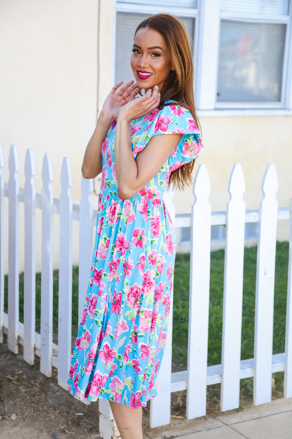 Haptics Sky Blue Big Floral Folded Ruffle Sleeves Midi Dress Dresses