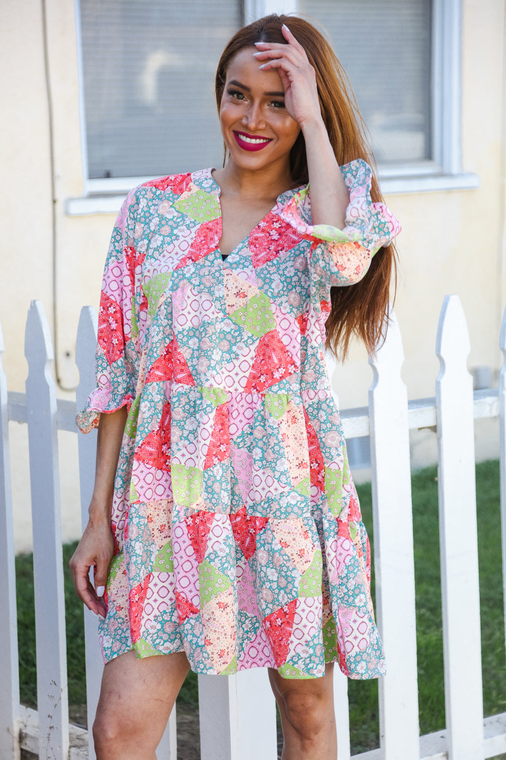 Haptics Look Of Love Lime & Coral Patchwork Print V Neck Dress