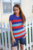 Haptics Forget Me Not Royal Blue Stripe Short Sleeve Dolman Sweater