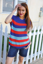 Haptics Forget Me Not Royal Blue Stripe Short Sleeve Dolman Sweater