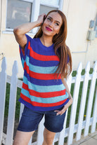 Haptics Forget Me Not Royal Blue Stripe Short Sleeve Dolman Sweater